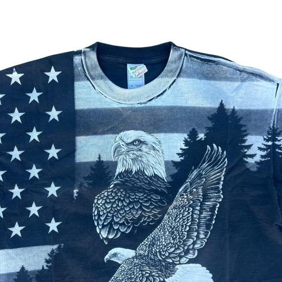 Vtg Y2K All Over Print Flag Bald Eagle Art Unlimited Graphic T-Shirt Black XXL - Picture 2 of 8